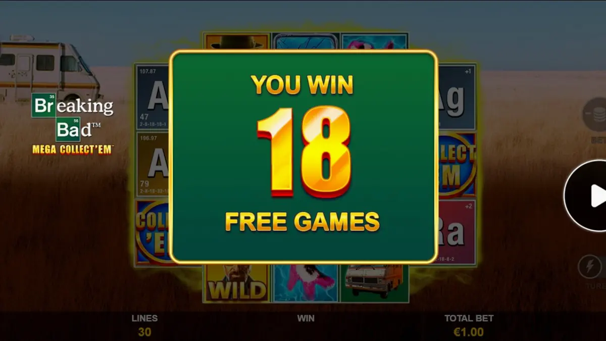 Breaking Bad Mega Collect’Em slot gameplay interface featuring iconic series elements